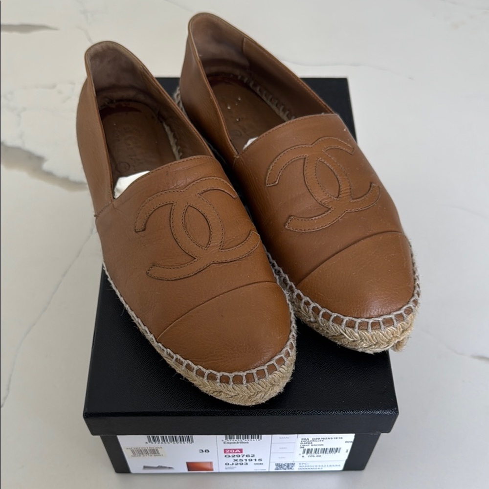 CHANEL Brown Espadrille Slip-Ons with Iconic Logo